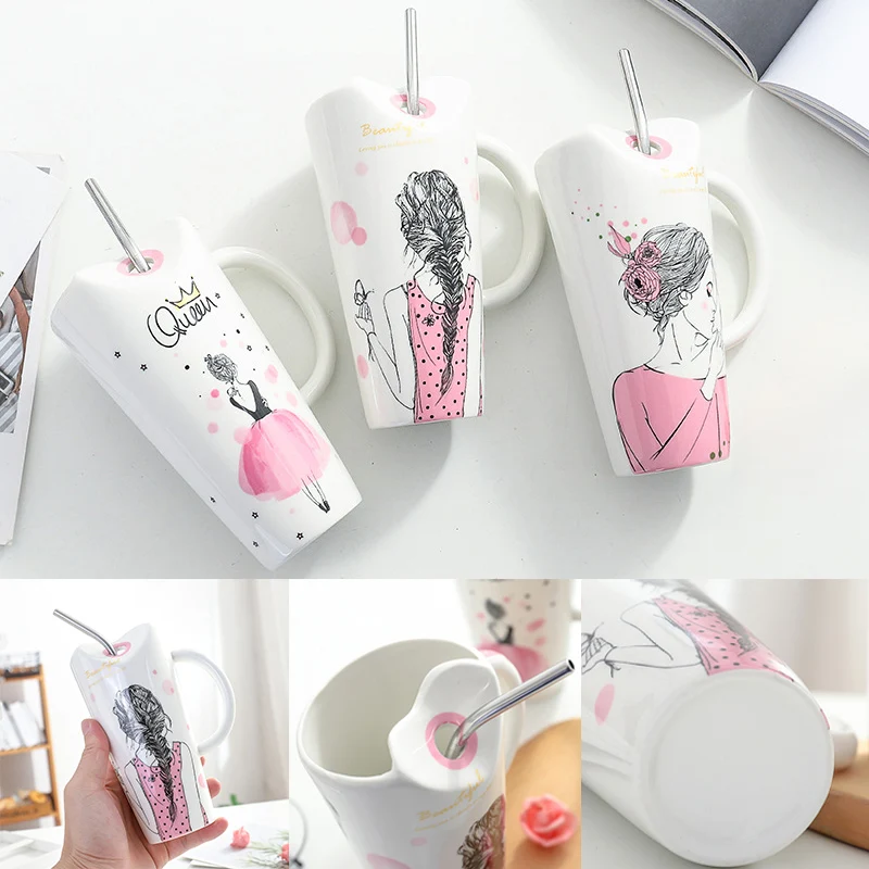 Ceramic Mug beautiful girl cup with straw microwave milk Office Christmas Decorations 2020 New | Дом и сад