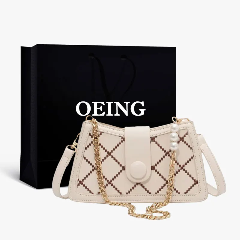 

Diamond Lattice Pearls Chain Baguette Bag Women Shoulder Bags Leather Luxury Designer Handbags Crossbody Brand Ladies Purse 2021
