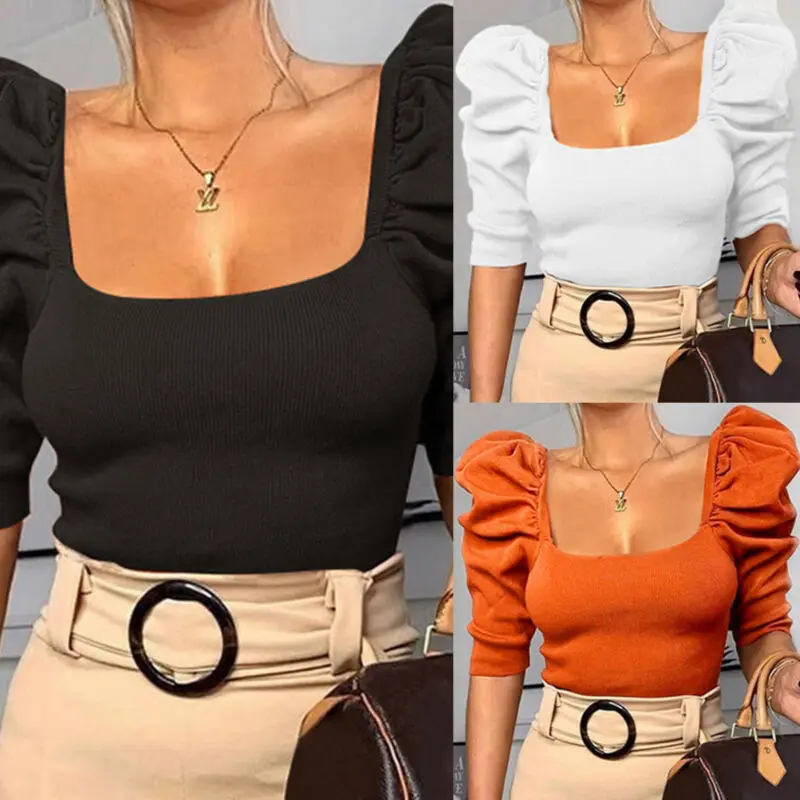 

New Casual Womens Puff Half Sleeve T-Shirt Ladies Square Neck Slim T-shirts Tops Solid Color Streetwear Women Knitted T-shirts
