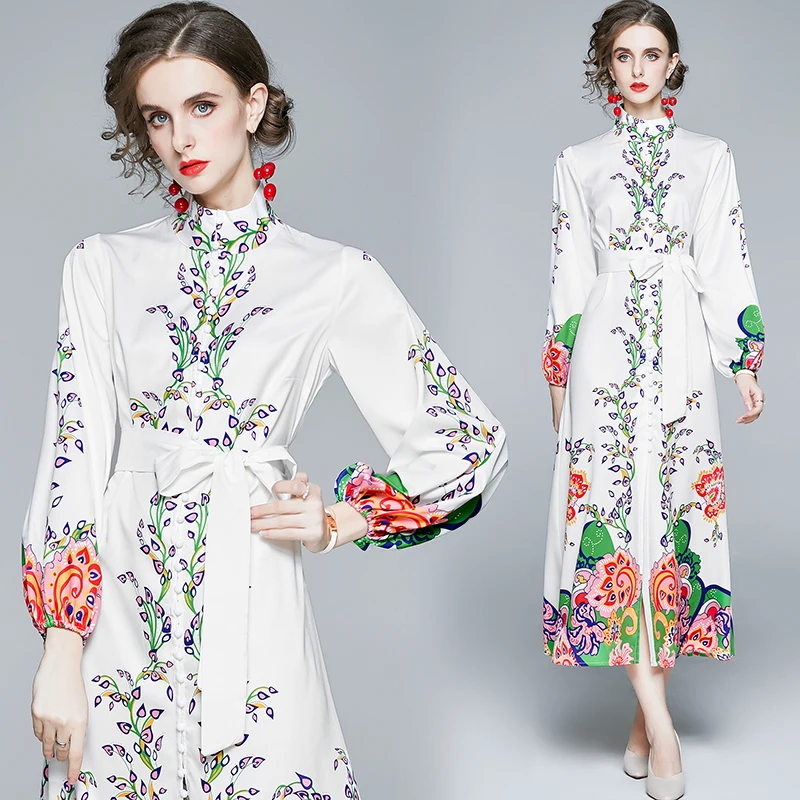 

2021 Spring Europe Fashion Women Runway Maxi Dress Designers Lantern Sleeve Floral Print Casual Robe Femme Holiday Vestidos