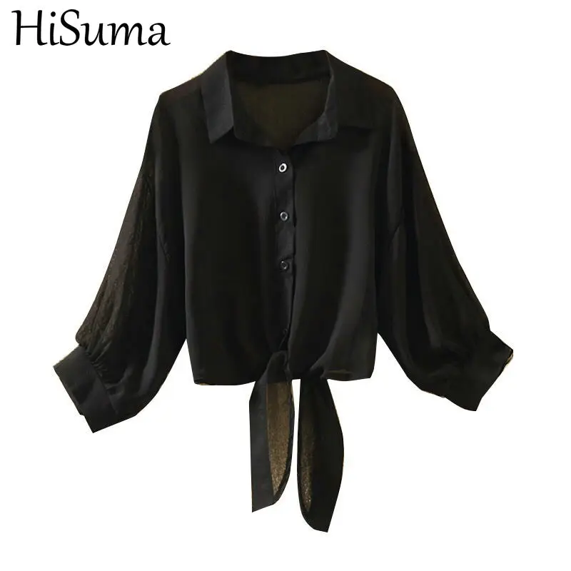 Summer Lantern Sleeve Turn-down Collar Women Bandage Strap Basic Shirt Lady Short Cardigan Button Loose Size Chiffon Blouse Tops