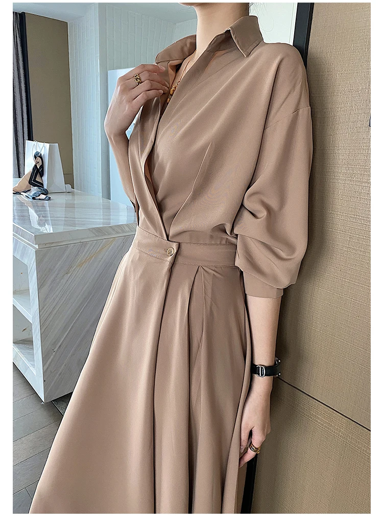 

Women Spring Summer Elegant Shirts Dress Long Sleeve Turn Down Collar Clothing A-line Dresses Vestidos 2021