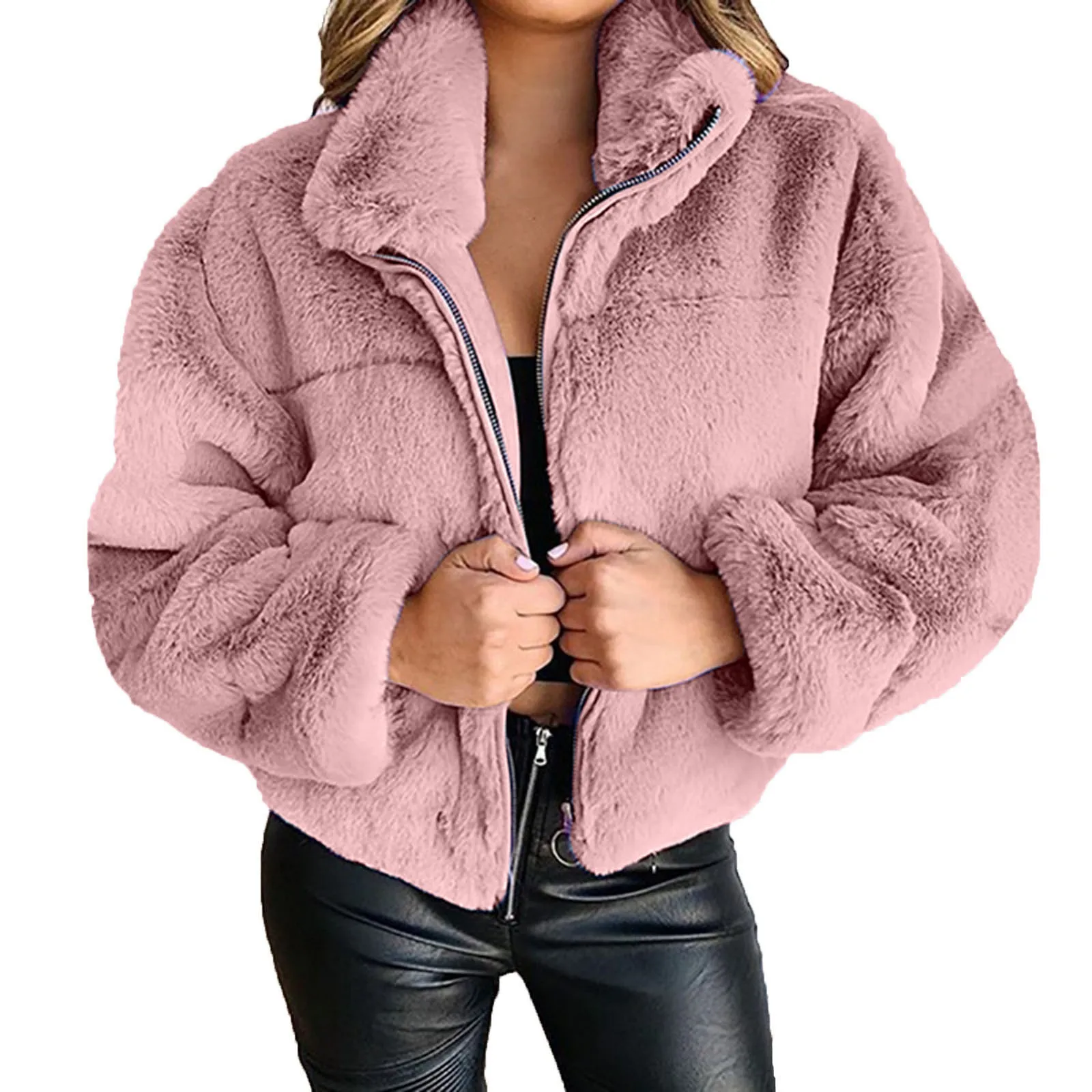 

2021 Womens Warm Winter Outerwear Female Fashion Faux Fur Coat Solid Color Zipper Jacket Plush Short Coat Chaquetas Para Mujer