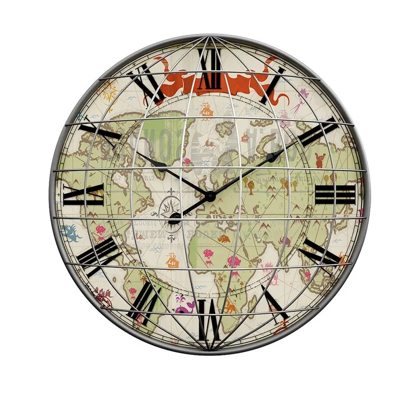 

Round Large Wall Clock Metal Vintage World Map Atmosphere Wall Watch American Country Orologio Cucina Household Products EF50WC