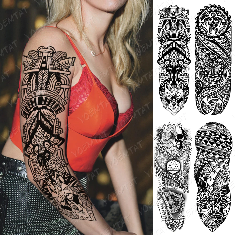 

Waterproof Temporary Full Arm Tattoo Stickers Indian Maori Skull Black Tribal Totem Flash Tattoos Man Body Art Fake Tatto Female