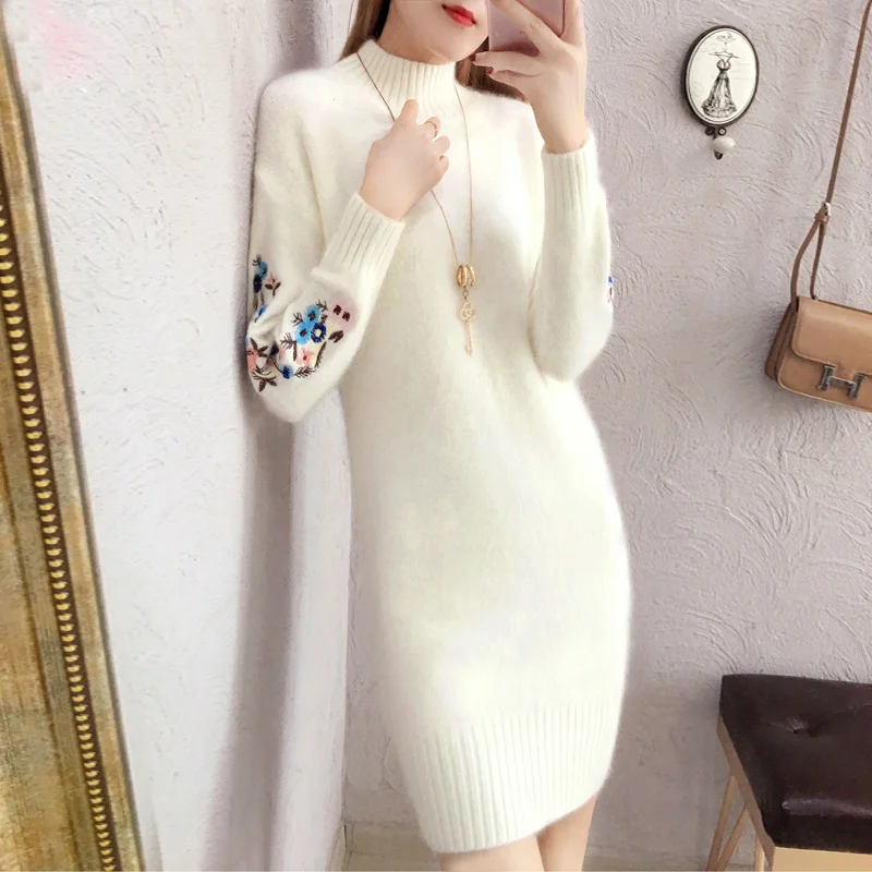

Autumn and Winter Sweater Women's Mid-Length Thick Bottoming Dress Hong Kong Style Super Fairy Internet Popular Embroidery
