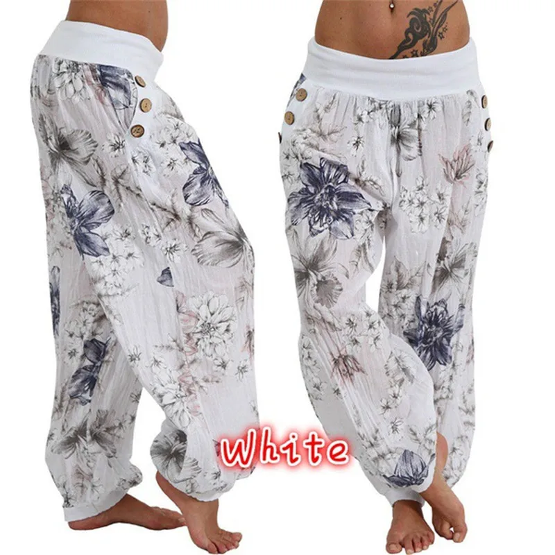 

New Pantalon Femme Full Length Casual Loose Elastic Waist Print Low Pleated Wide Leg Pants Trousers Women Pantolon