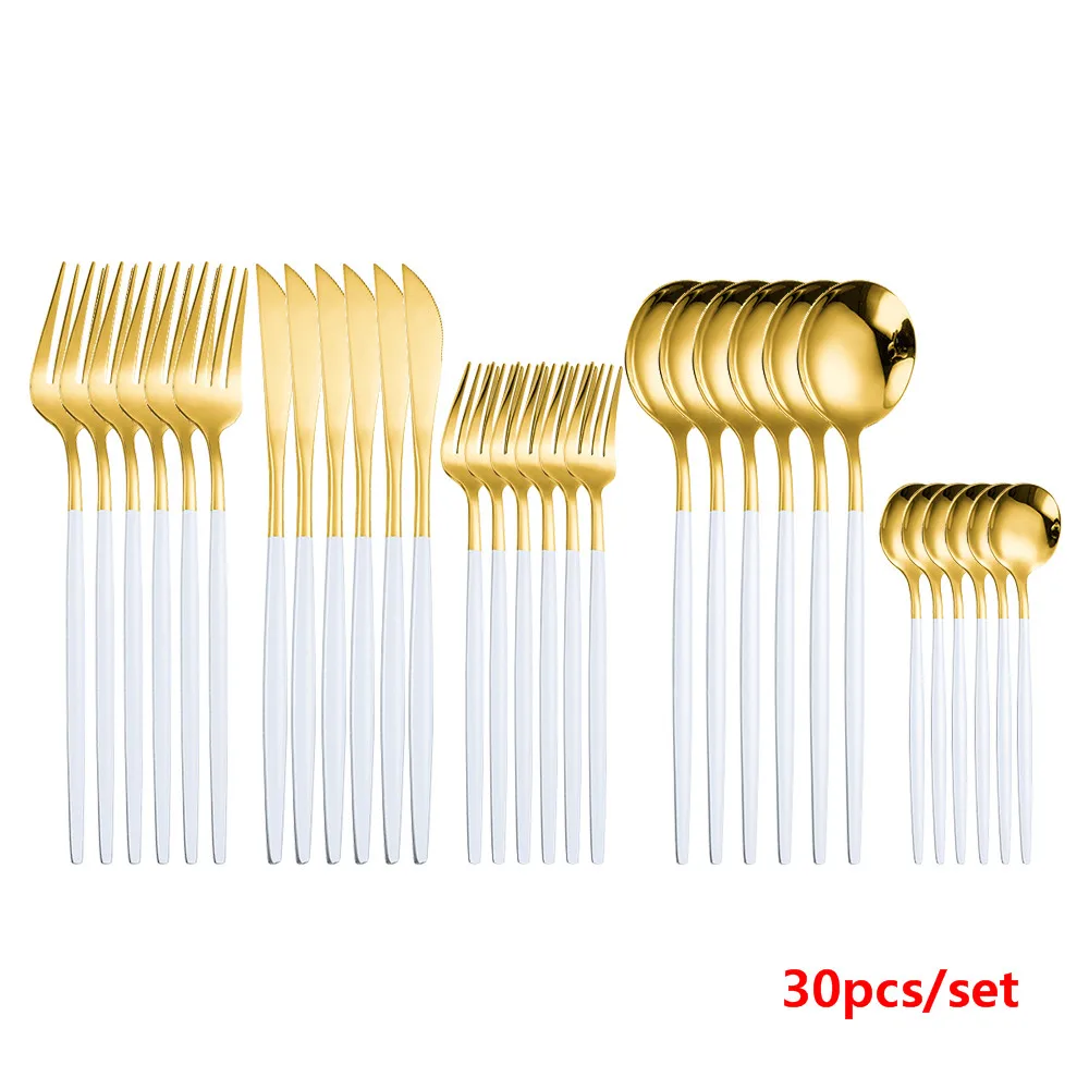 

Stainless Steel Gold Cutlery Set 30pcs/set white gold Dinnerware Sets Kitchen Mirror Complete Tableware Knives Forks Spoons set