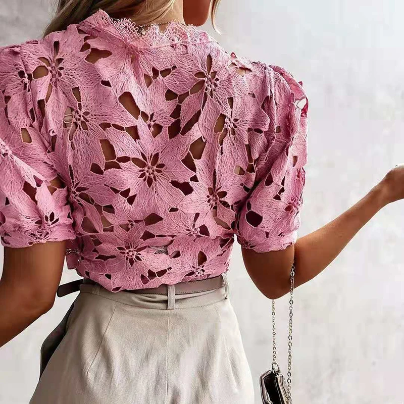 

New Women Lace Sheer Blouse See-through Puff Short Sleeve Blouse Fashion Pearl Transparent White Shirt Female Blusas Summer Tops