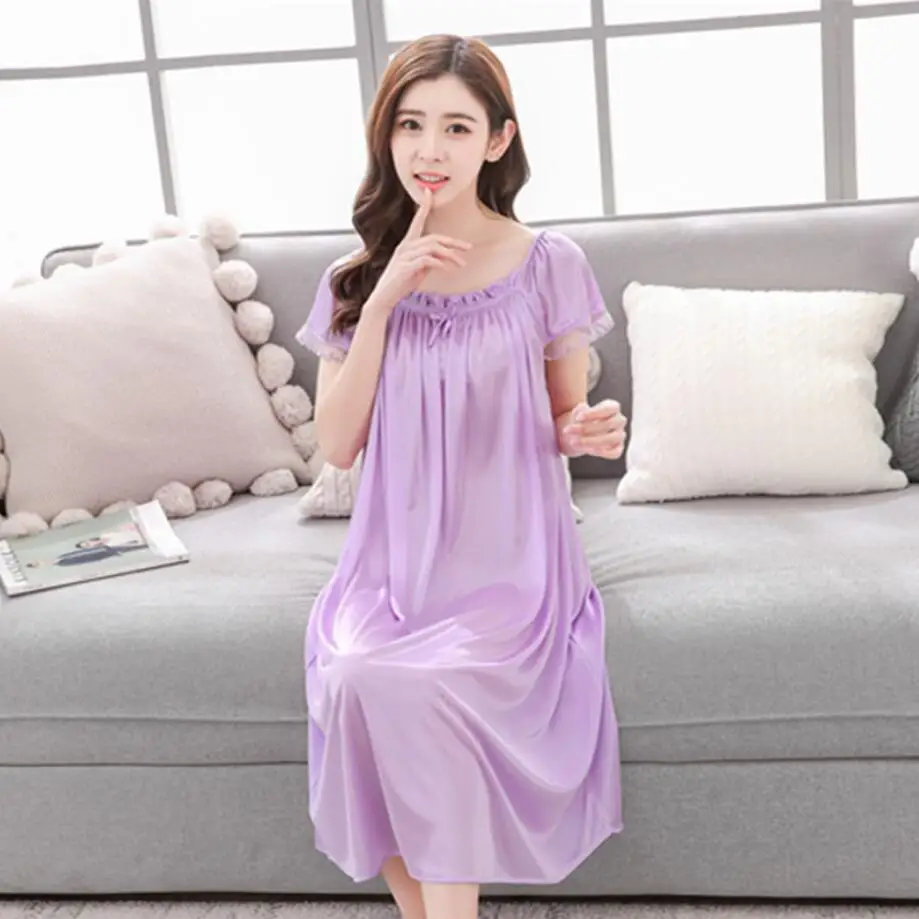 

Sexy Summer New Ladies Long Nightgown Big Size Casual Home Dress Short Sleeve Sleepwear Ice Silk Nightdress