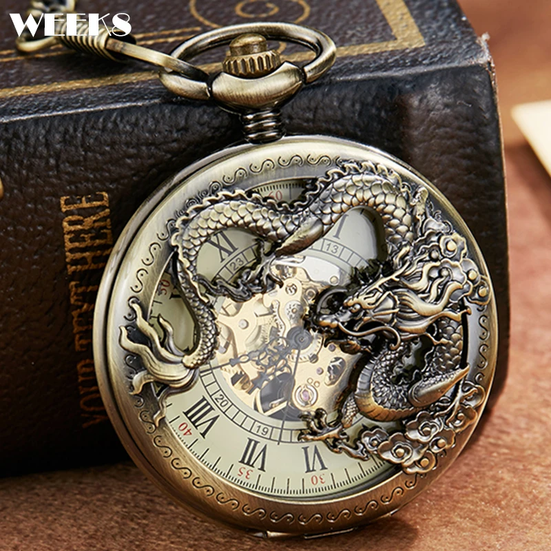 

Roman Numeral 3D Dragon Mechanical Pocket Watch Antique Steampunk Skeleton Engrave Fob Chain Clock for Men Women Collection Gift