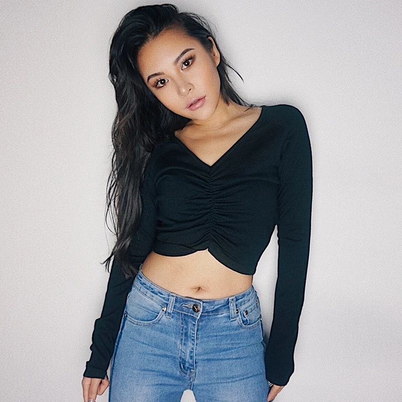 2019 new fashion casual women's clothing High Waist Short Slim V-Neck Sweater Solid Color Sexy Long Sleeve | Женская одежда