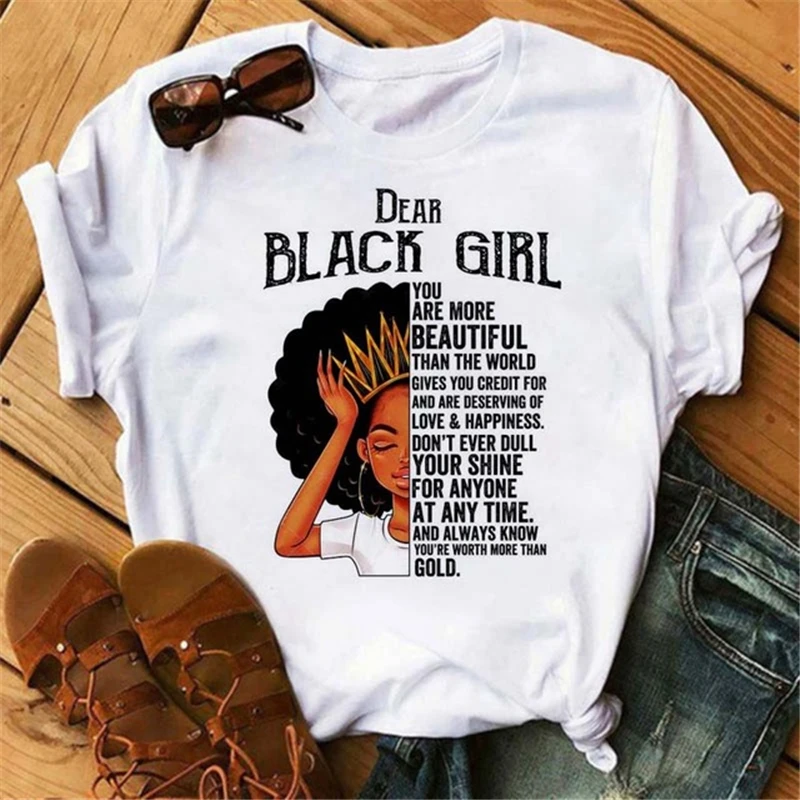 

Women Beautiful African White Funny Print T Shirt Girl Black Queen Harajuku Ulzzang Kawaii 90s Short Sleeves Clothes 28056