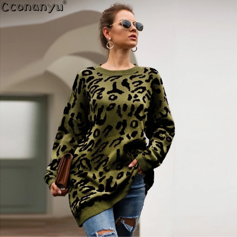 2019 autumn winter clothing ladies long sweater fashion womens loose pullovers and sweaters leopard print knitted sweater free global shipping