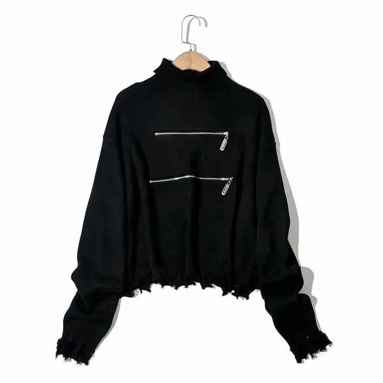 

Black Zipper Tassel Short Knitted Sweater Women 2020 Autumn Winter Turtleneck Long Sleeve Pullover Female Jumper Knitwear