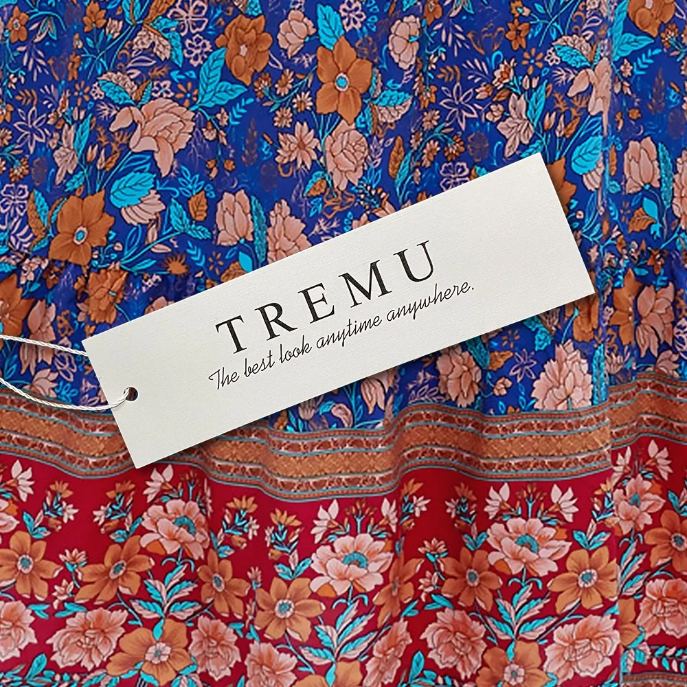 

TREMU Bohemian Maxi Dress Camisole Strap Boho Casual Beach Style Long Dresses for Woman Vocation