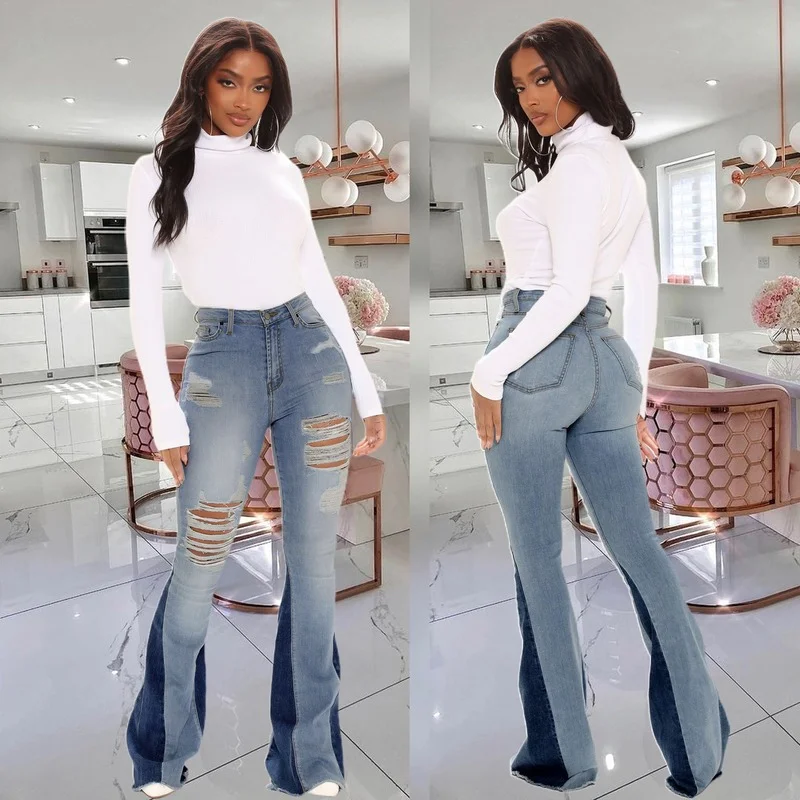 

2022 Women's Fall Ripped Jeans Women's Fashion Casual Tight Trousers Mid-waist Women's Flared Jeans Women's Flared Jeans New