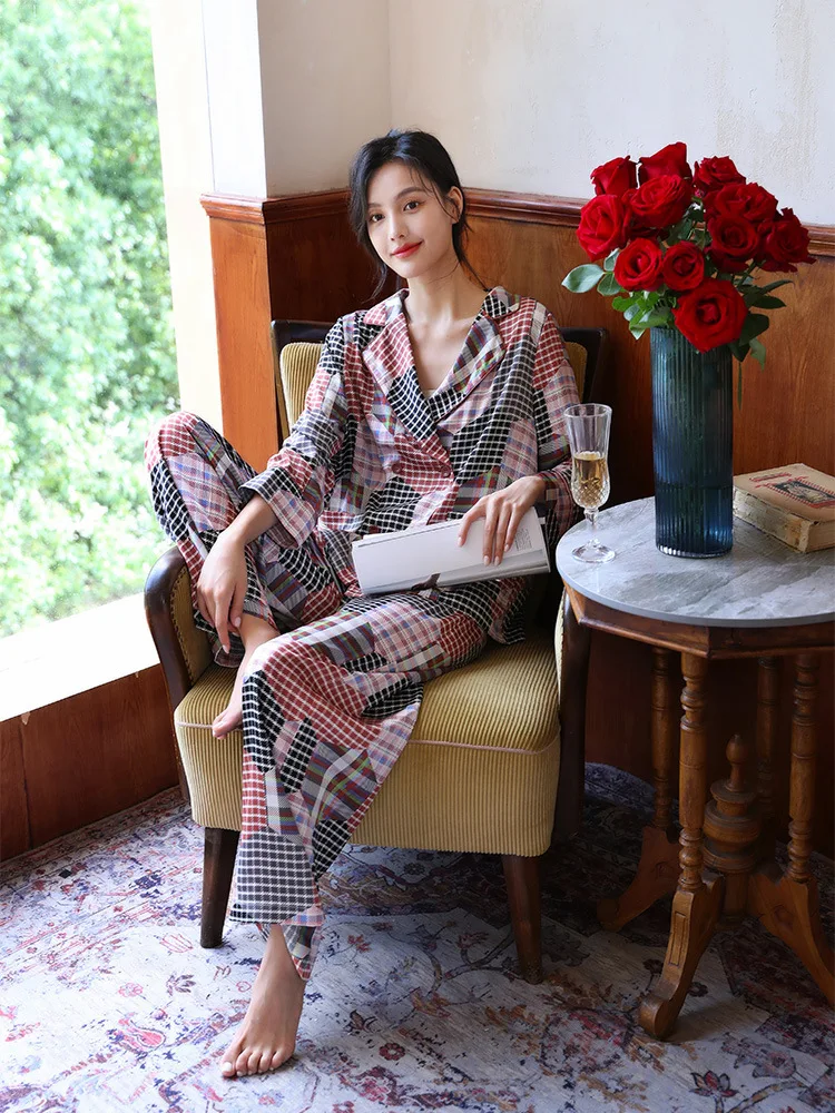 Plaid Pajamas Women's Long Sleeve Two-piece Set New Fashion Ice Silk Suit Simulated Silk Home Clothes