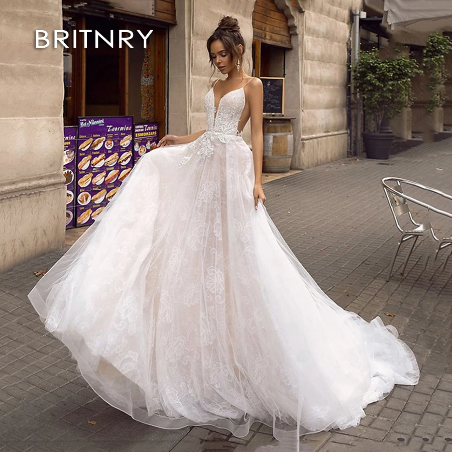 

BRITNRY невесты Кружева бальное платье Свадебные платья 2020 Спагетти ремни V шеи корт поезд обратно свадебные платья размера плюс