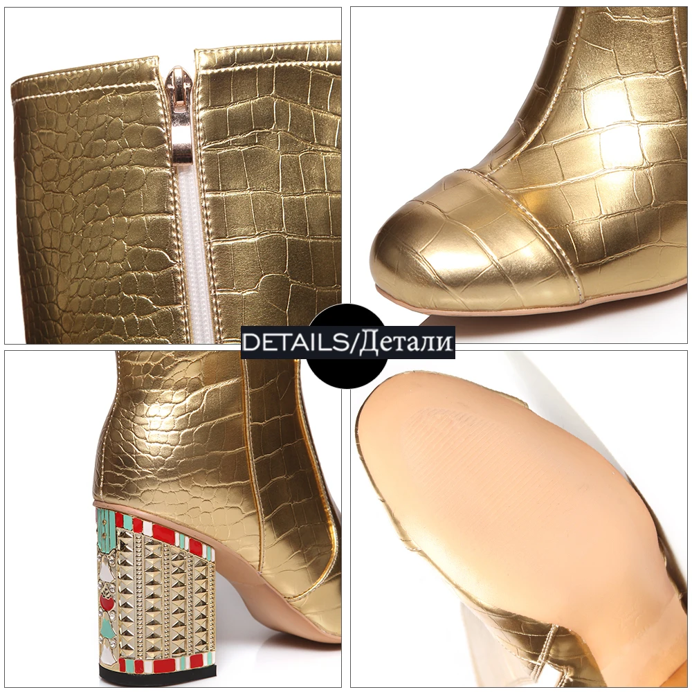 

WETKISS Luxury Golden Boots for Women Thick High Heels Knee Boots Charm Heeled Ladies Shoes Woman Embossed Stylish Party Shoes