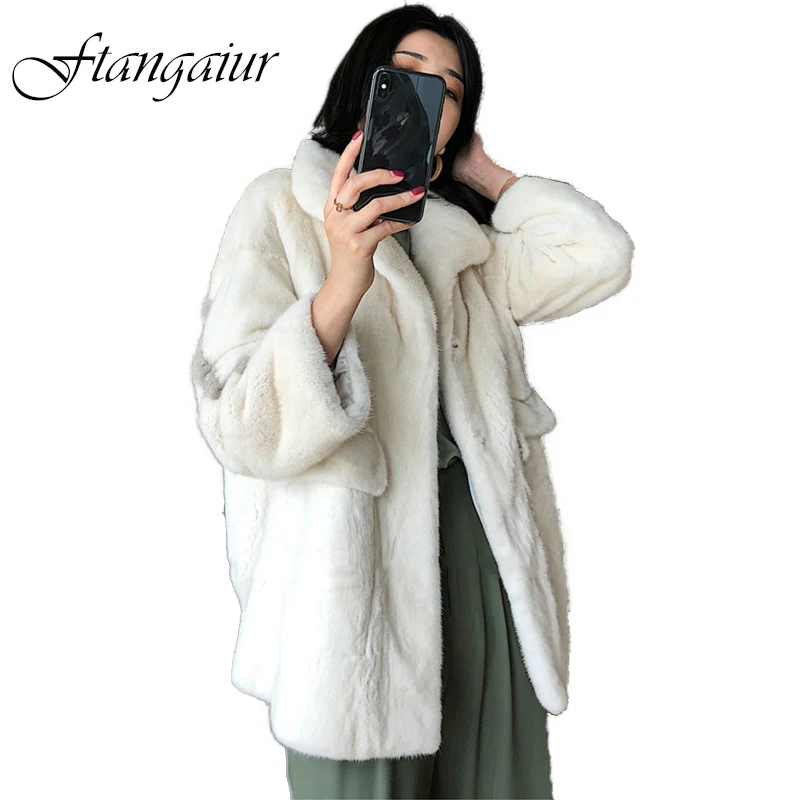 

Ftangaiur Winter Women Import Velvet Mink Fur Overcoats Femal Striped Turn-Down Collar Mink Coat Women's Short Real Fur Coats