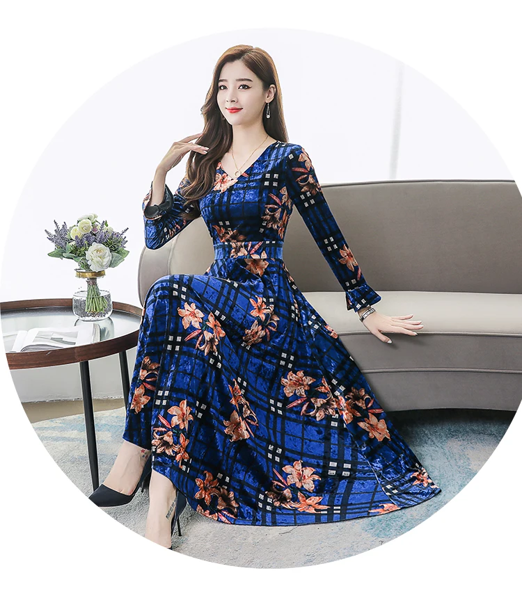 Vintage Floral Velvet Maxi Dresses Autumn Winter 3XL Plus Size Long Sleeve Midi Dress Elegant Women Bodycon Party Vestidos