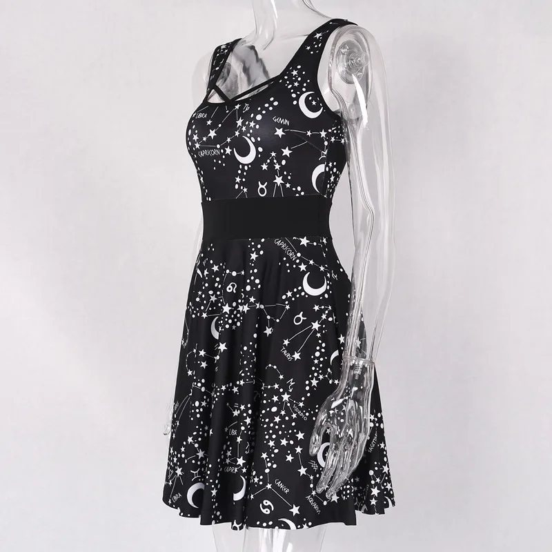 

Woman's Gothic Clothing Sexy Black Dress Sleeveless Harajuku Casual Slim Mini Skirts Lolita Goth Star Dark Print Punk Wind Dress