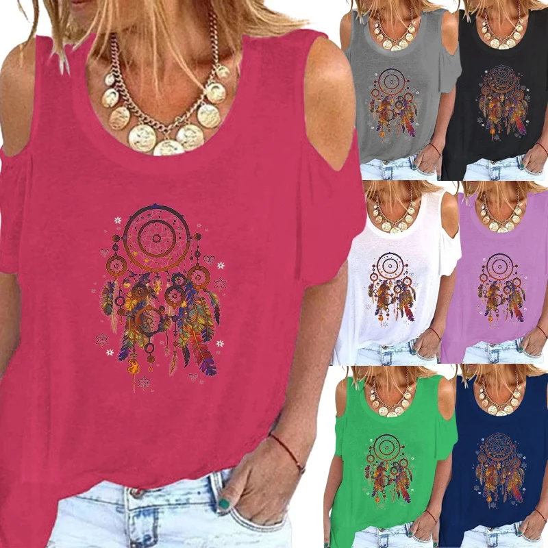 

Women Blouses Summer Shirt Short Sleeve Fashion Printing Round Neck Off Shoulder Plus Size Loose Shirt Casual Tops