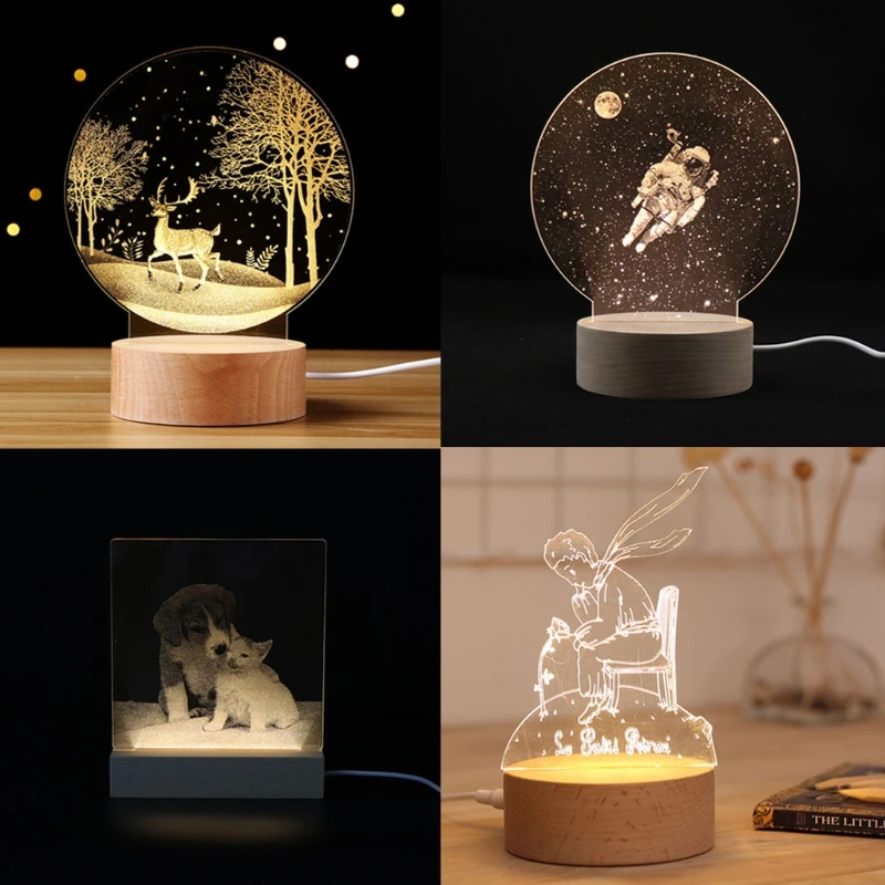 

Handmade 3D Acrylic Carving Wood LED Display Base Warm Night Lighted Base Crystal Art Glass DIY Carving Night Light Base