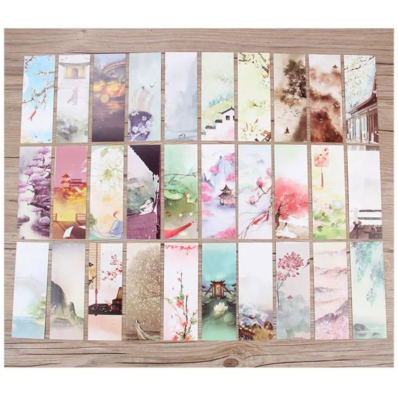 

30Pcs 12 Styles Creative Chinese Style Flowers Paper Bookmarks Painting Cards Retro Beautiful Boxed Bookmark Commemorative Gifts