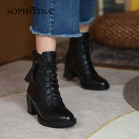 sophitina casual ankle boots genuine leather round toe lace up shoes square heel zipper winter wool keep warm women shoes wo823