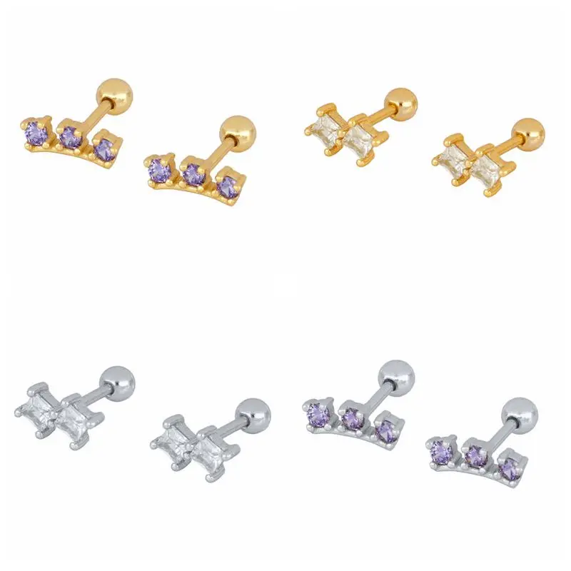 

925 Sterling Silver Ear Needle Simple Pave CZ Stud Earrings for Women geometry White Purple Crystal Earring Party Daily Jewelry