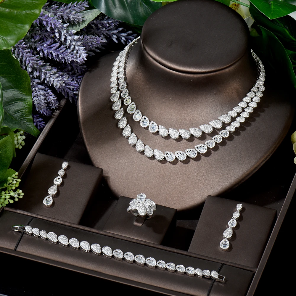 HIBRIDE 2 слоя принцесса ожерелье серьги набор украшений для женщин полный кубический циркон Дубай Свадебный collier femme luxe N-410