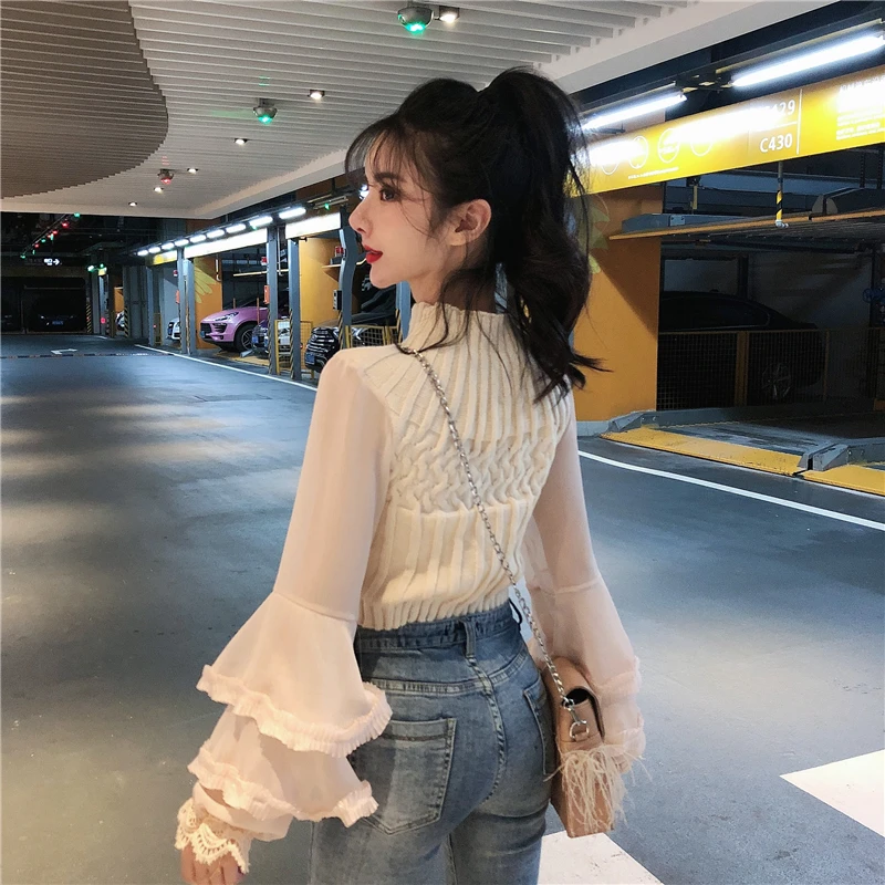 

flare sleeve women cropped sweaters korean woman chiffon sleeve sweater crop top women