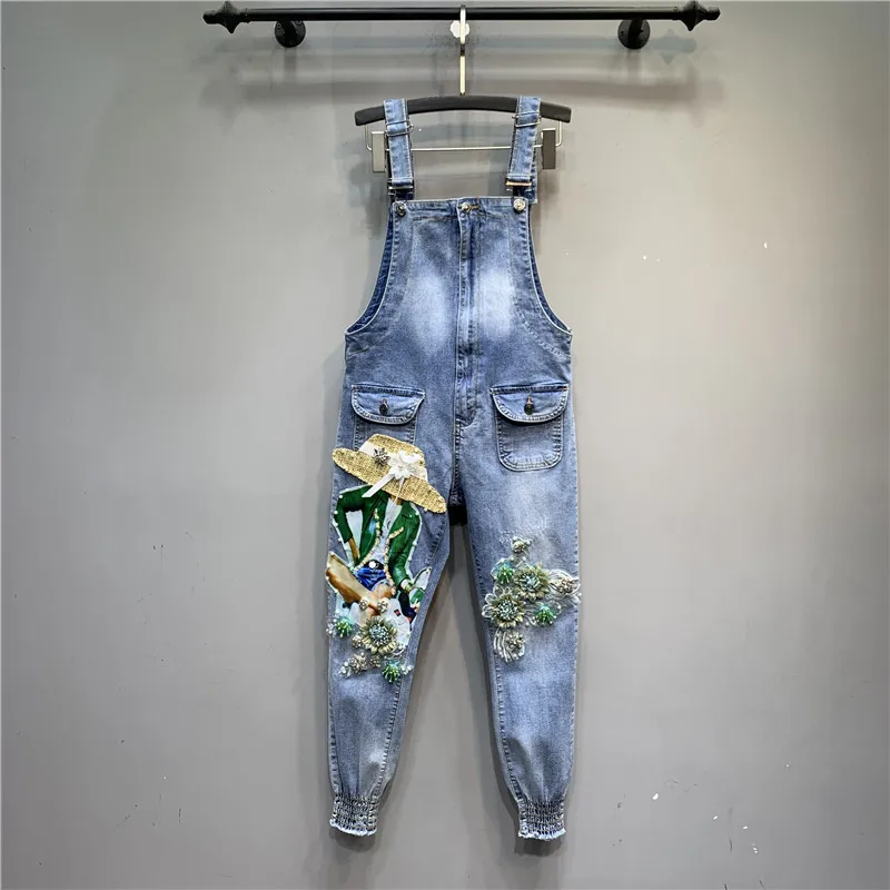 

Heavy Industry Flower Denim Suspender Pants Women's Korean Ankle-Tied Pants Casual Overall 2021 Autumn Girls Jeans Overalls