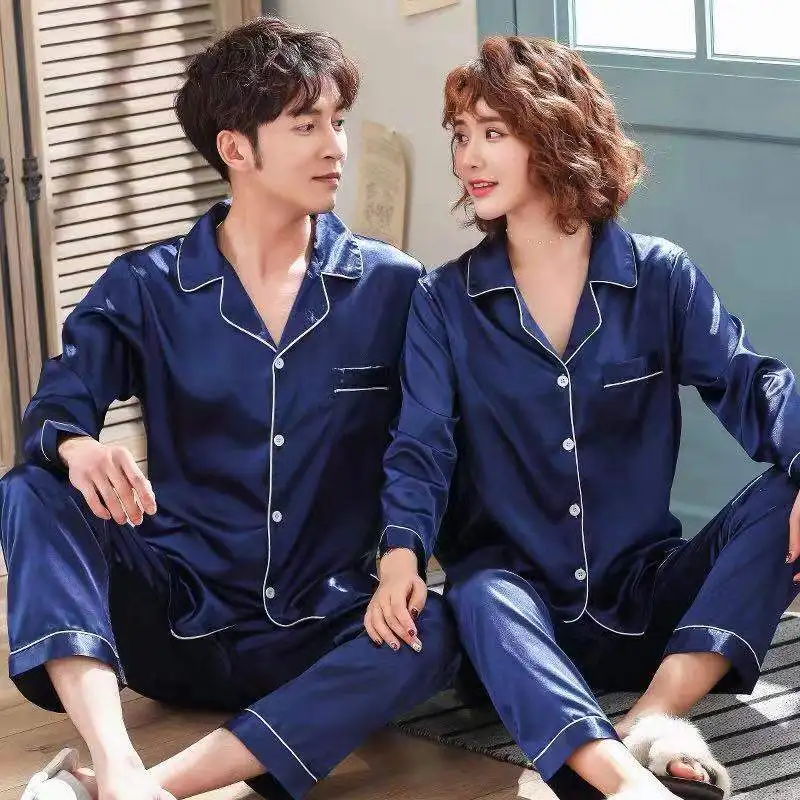 Housecoat Couple Silk Satin Pajamas Pyjamas Set Long Sleeve Sleepwear Relax Fit Suit Women Man Sleep 2PCS Set Luxury Loungewear