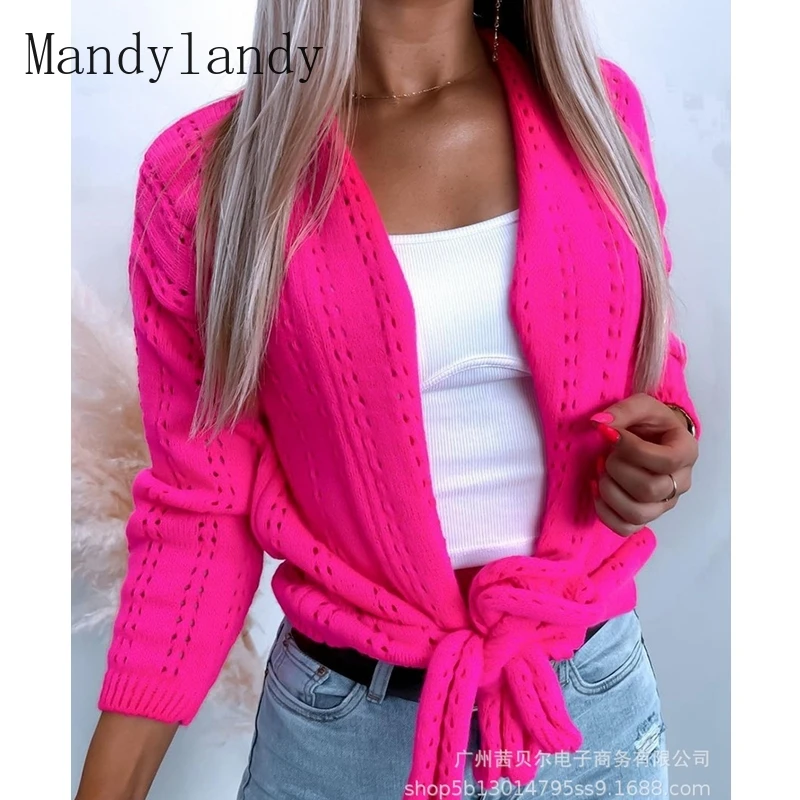 

Mandylandy Sweater Autumn Casual Long Sleeve Bandage Sweater Top Women's Fashion Solid Color Loose Cardigan Sweater