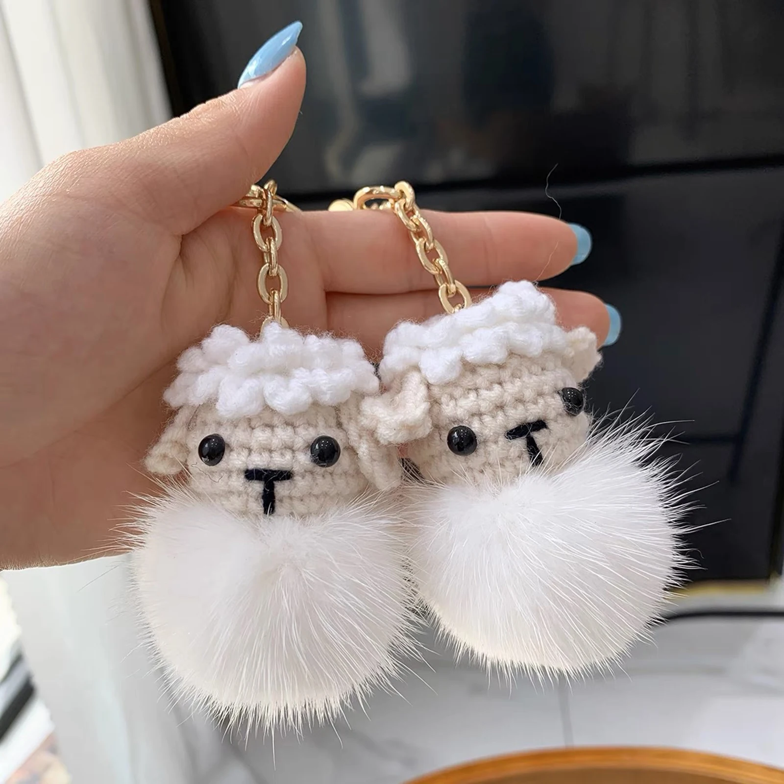 

Cartoon Mink Animal Keychains For New Year Gift White Sheep Fur Keychain & Keyring Bag Car Key Accessories 15cm