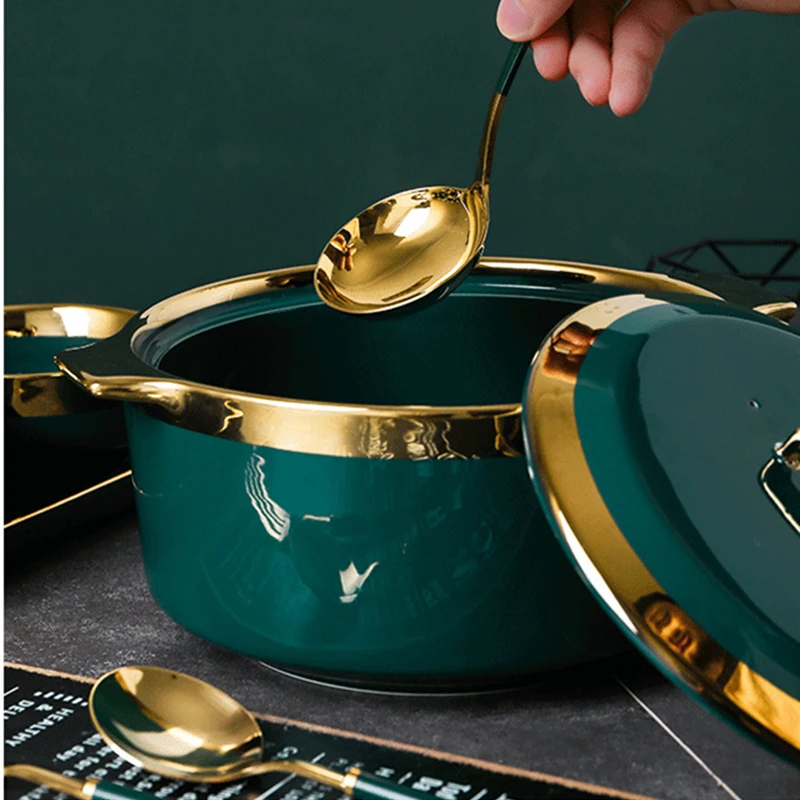 

Ceramic Tableware Set Green Phnom Penh Round Bone China Dinnerware Sets Soup Bowl with Lid Spoon Tray Household Kitchen Supplies