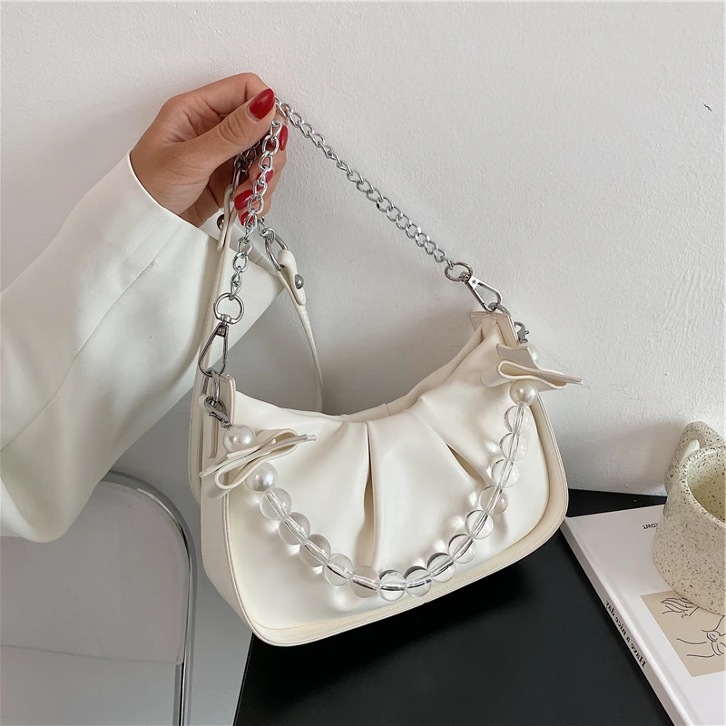 

Stylish Chain-link Top Handle And Shoulder Bags For Women High Quality Ruched Soft PU Leather Crossbody Bags 2021 White Green