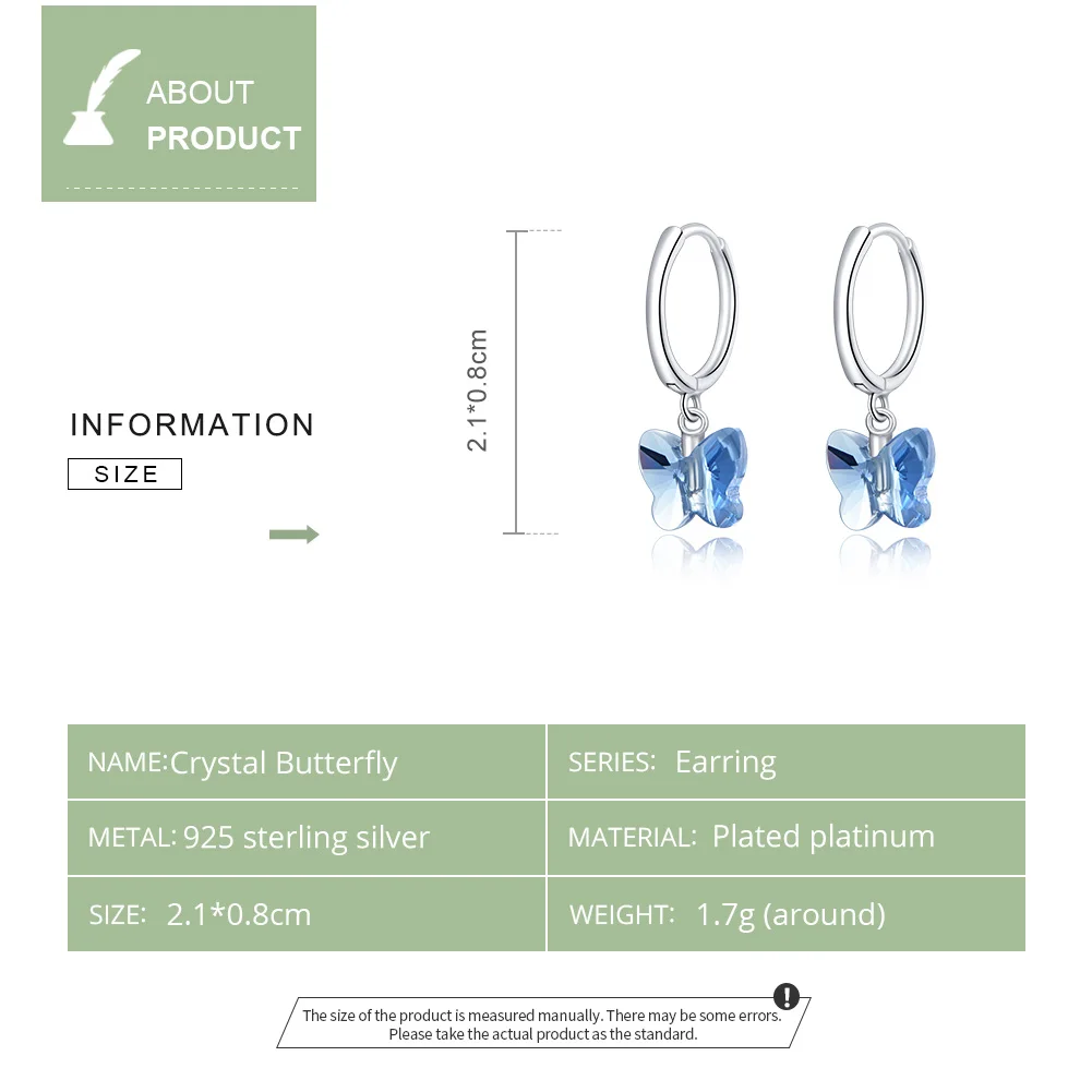 Женские серьги-бабочки с синим кристаллом из стерлингового серебра 925 пробы CQE959 |