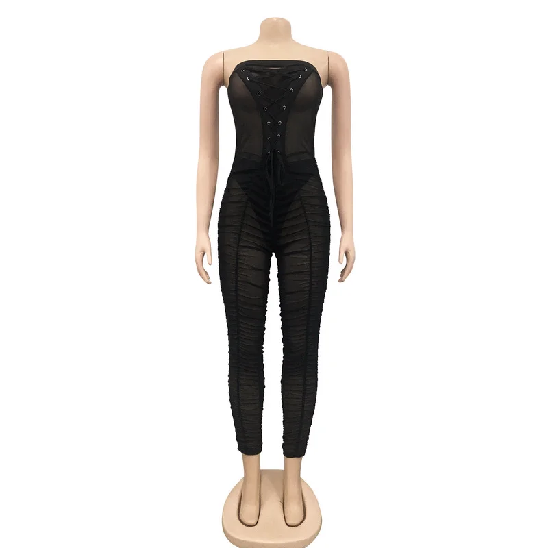

Sexy Sheer Mesh Strapless Skinny Jumpsuit Women Sleeveless Black See Through Party Rompers Club Overall Summer Lace Up Catsuits