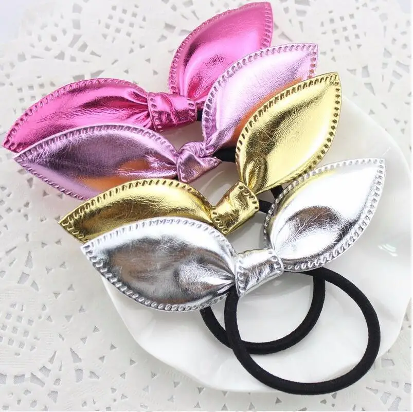 Бантик ушки из искусственной кожи 1 шт. золотистые/Серебристые резинки для волос
