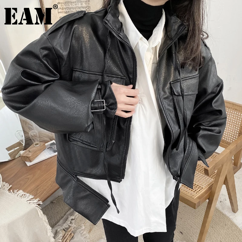 

[EAM] Loose Fit Pu Leather Big Size Black Jacket New Stand Collar Long Sleeve Women Coat Fashion Tide Spring Autumn 2021 1DD5031