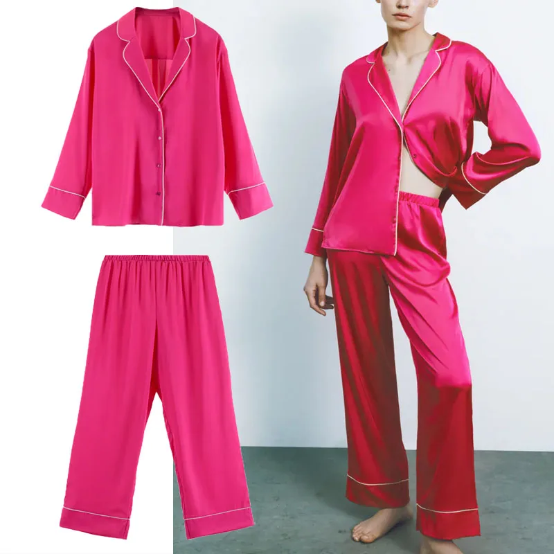 

Женская атласная пижама Za, винтажная рубашка на пуговицах с длинным рукавом, розово-красная Модная Повседневная Блузка с боковыми разрезам...
