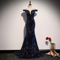 dresses woman party night boat neck floor length evening dresses sequined prom dresses with train