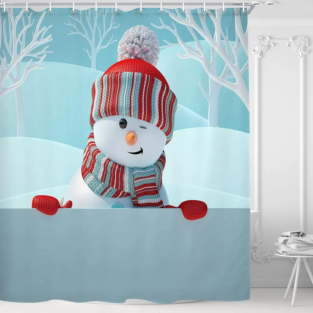 

Christmas Snowman Shower Curtain for Bathroom, Cute Snowman Smiling New Year Background Winter Landscape, Kids Cartoon Snowman