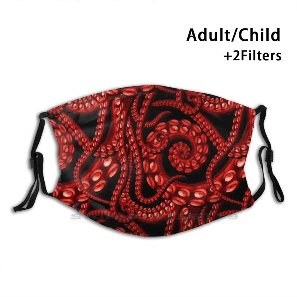 

Octopuses In Red Adult Kids Washable Funny Face Mask With Filter Kraken Tentacle Red Illustratorg Cthulhu