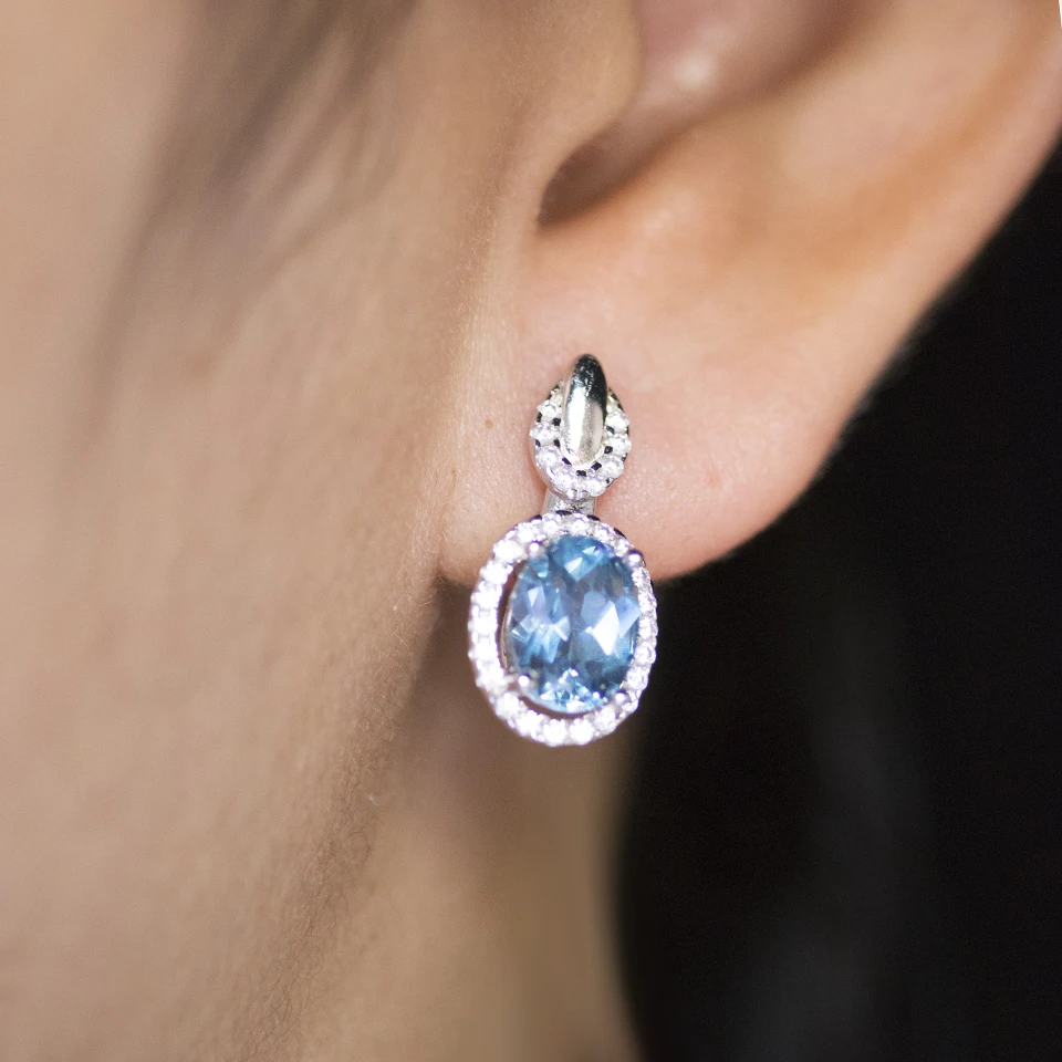 Женские серьги гвоздики Bolai Oval London с голубым топазом Настоящее серебро 925 пробы