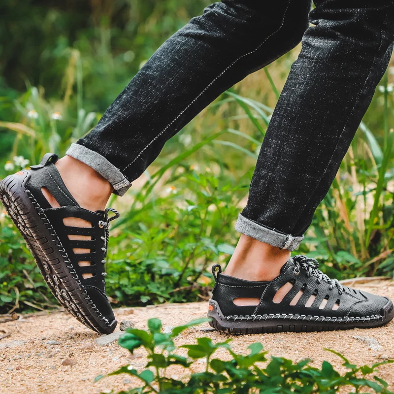 Big Size Men Leather Beach Sandals Outdoor 2022 Summer Handmade Shoes Breathable Casual Footwear Walking | Обувь